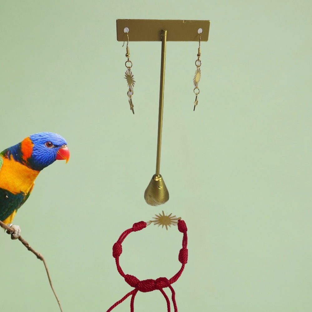 Gold Star and Sun Earrings with Red Cord Bracelet